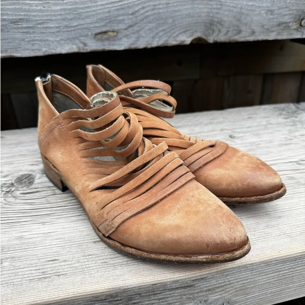 Free People Lost Valley Ankle Boot Tan Strappy Italian Leather Size 36 (EU) US 6 - Picture 2 of 10